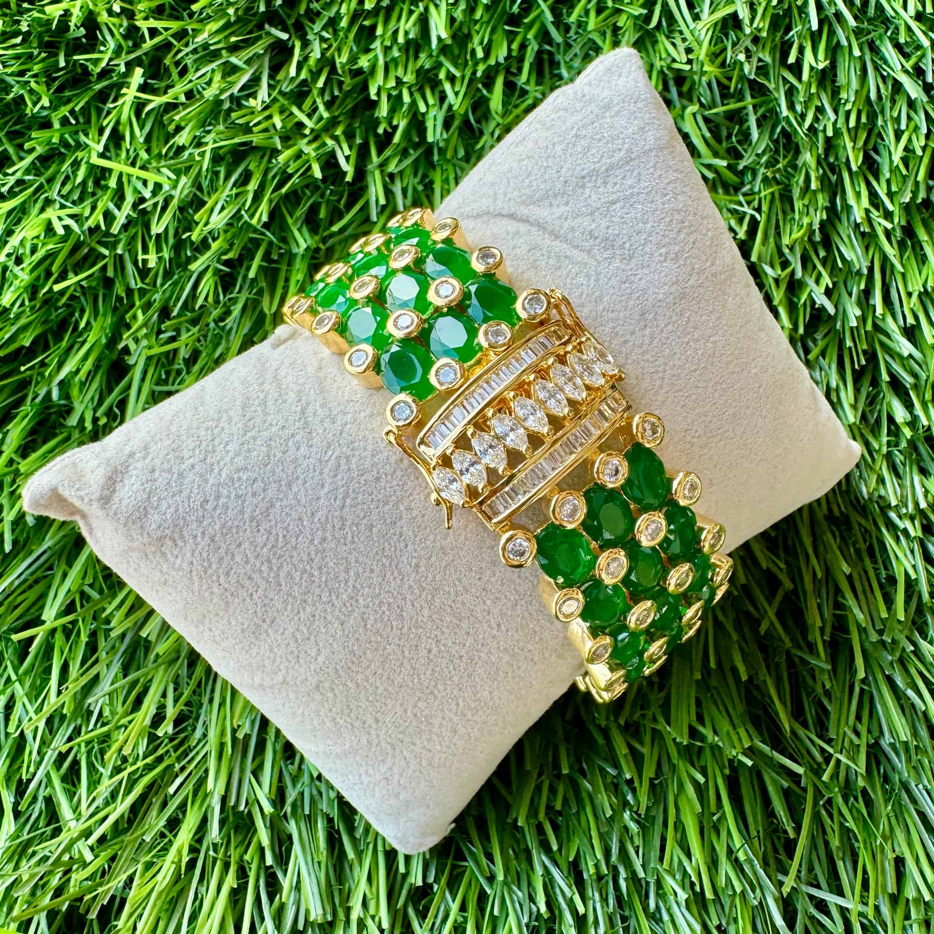 Golden Toned Green Gemstones Bracelet
