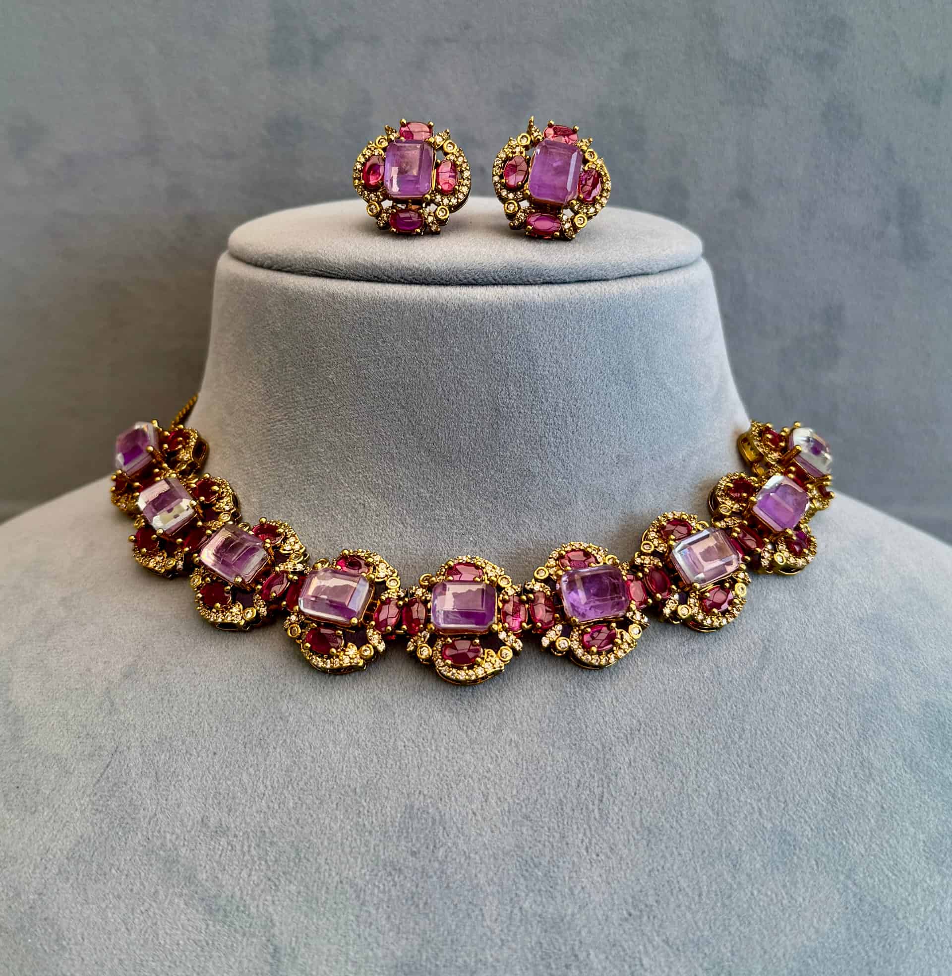 Lavender And Ruby Choker Set With American Diamonds