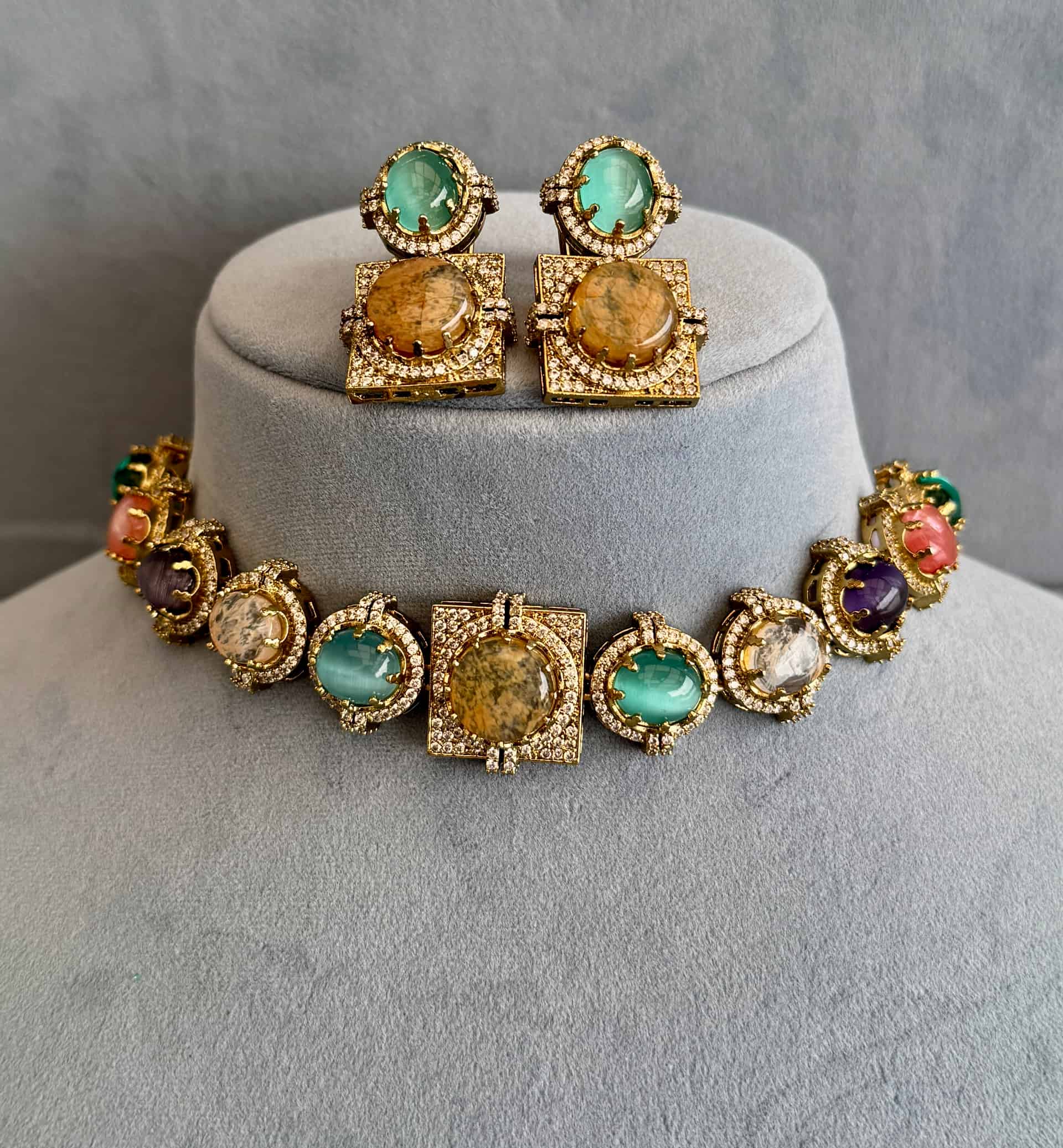 Navratna Cabochon Choker Set With Earrings