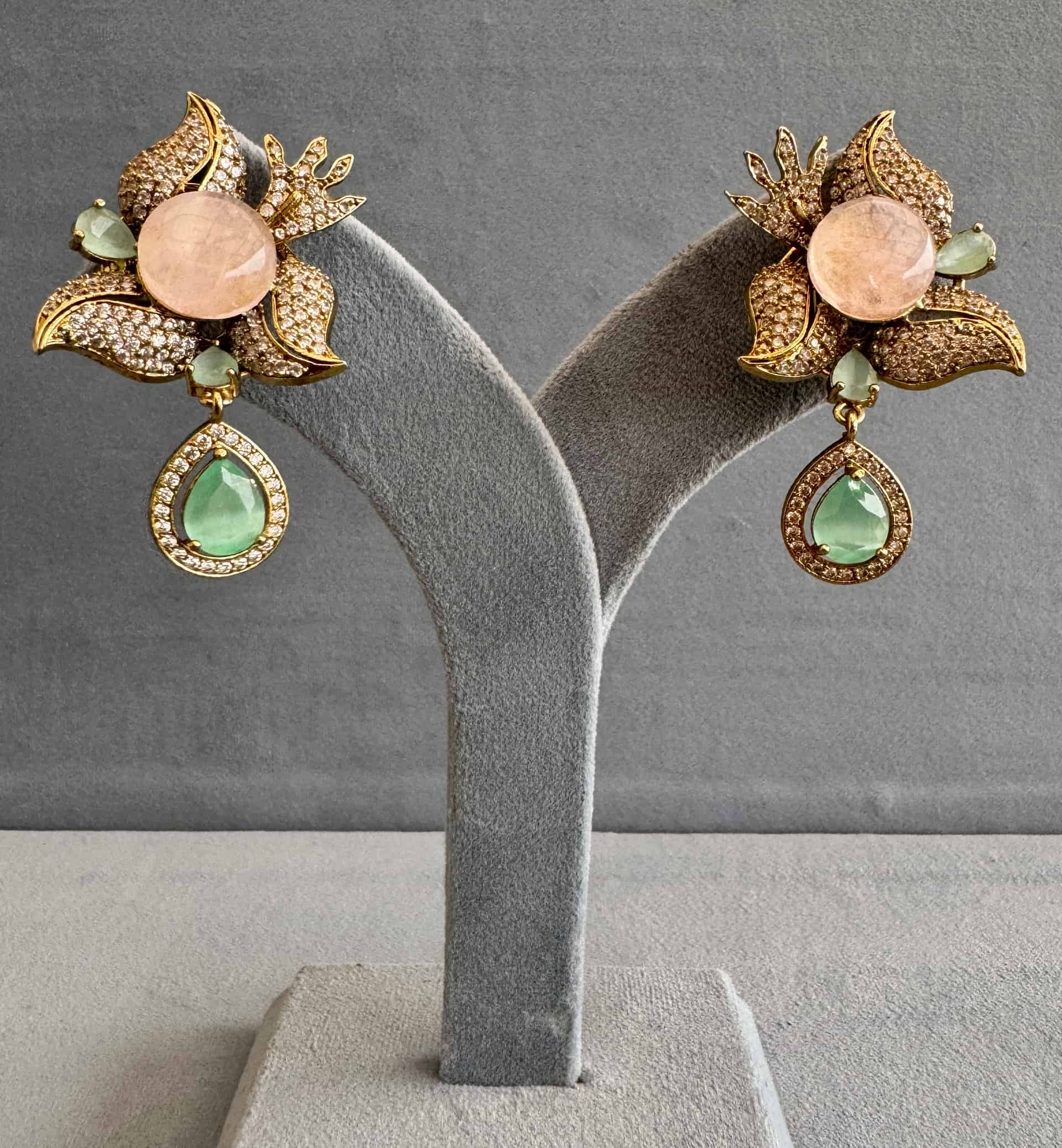 Blush Bloom Floral Dangler Earrings With Mint Drops