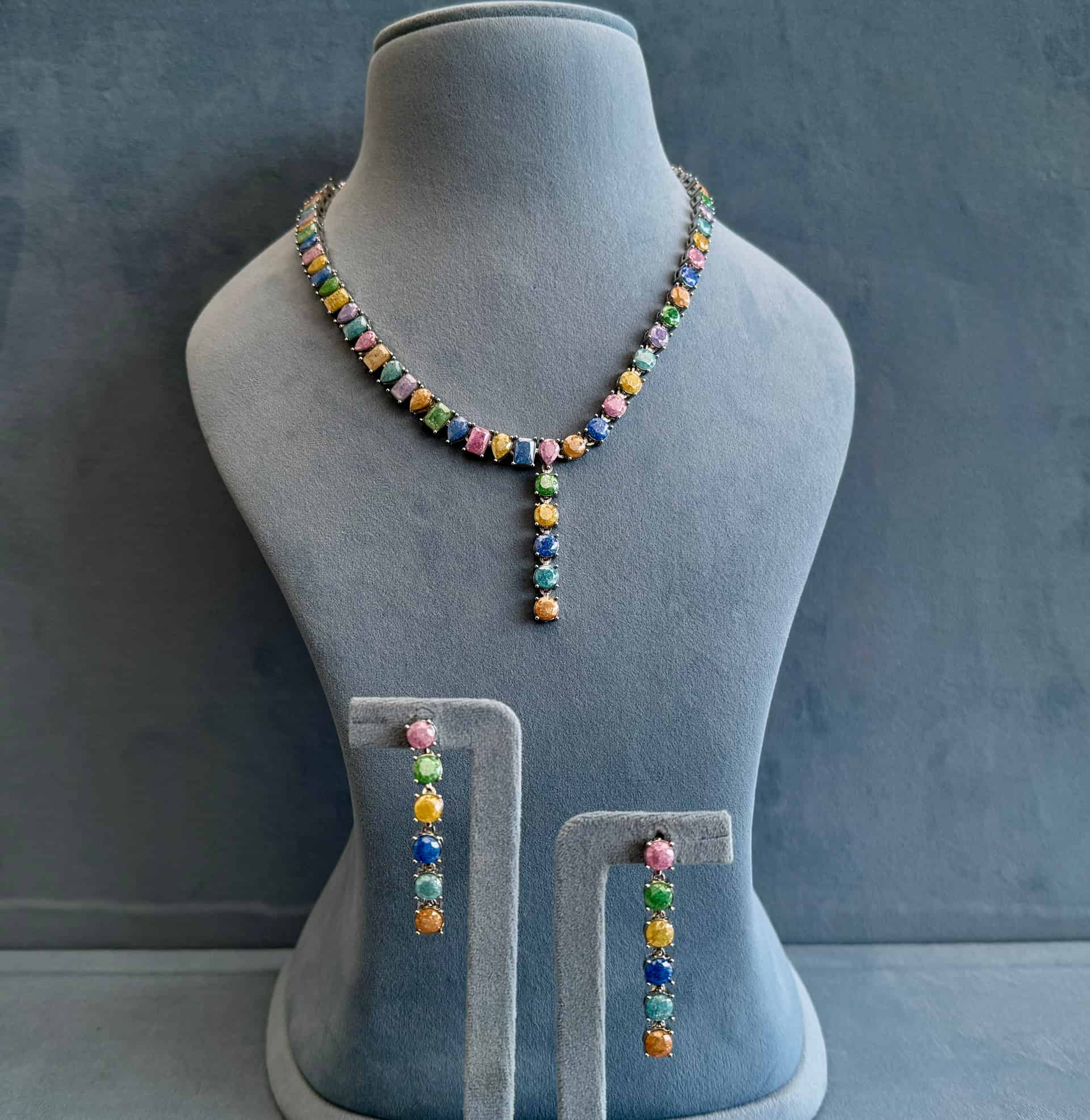 Pastel Rainbow Y Necklace Set With Linear Drop Earrings