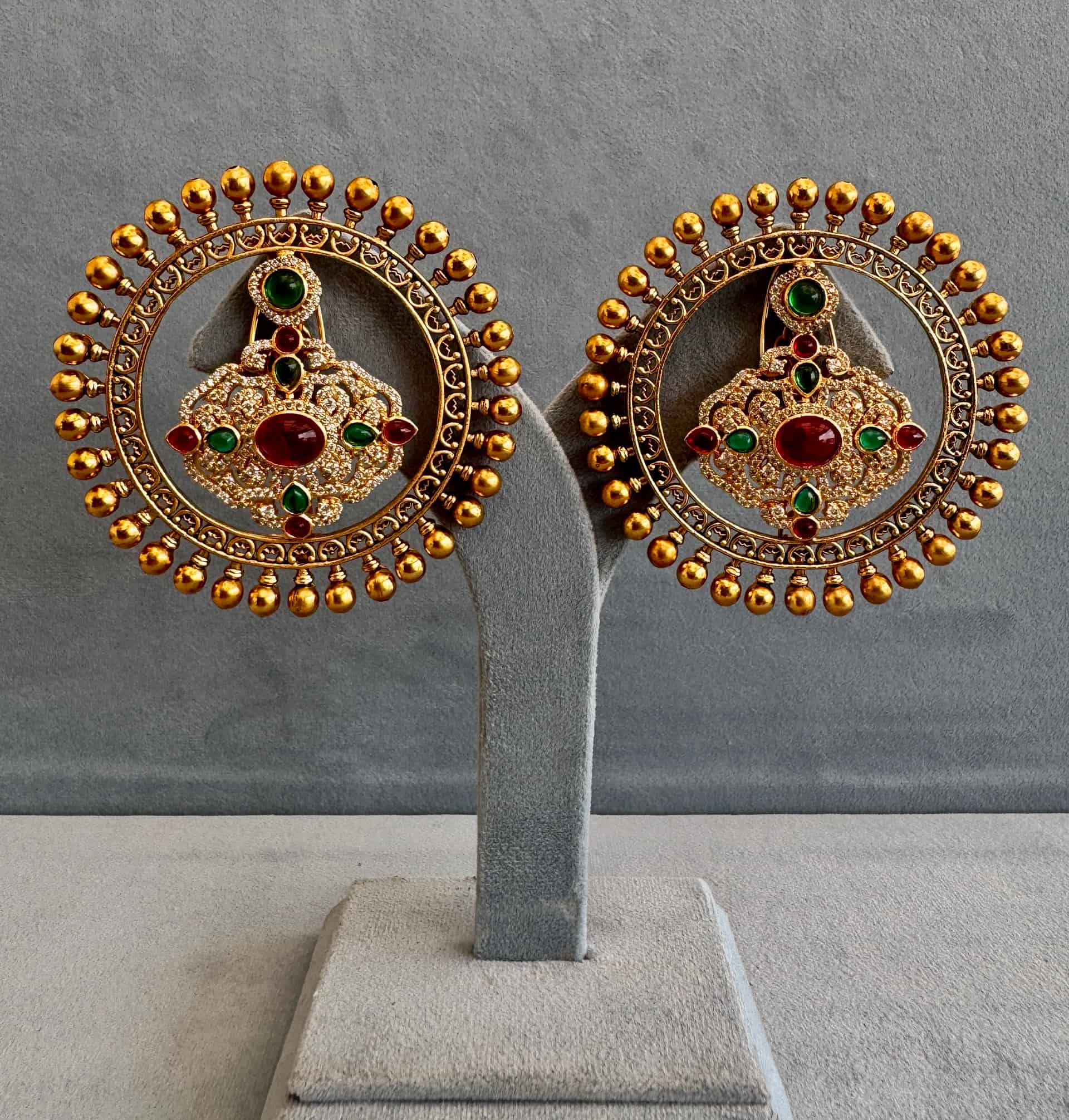 Golden Plated Antique Earrings With Red-green Kundan And Ad Stones With Earchain