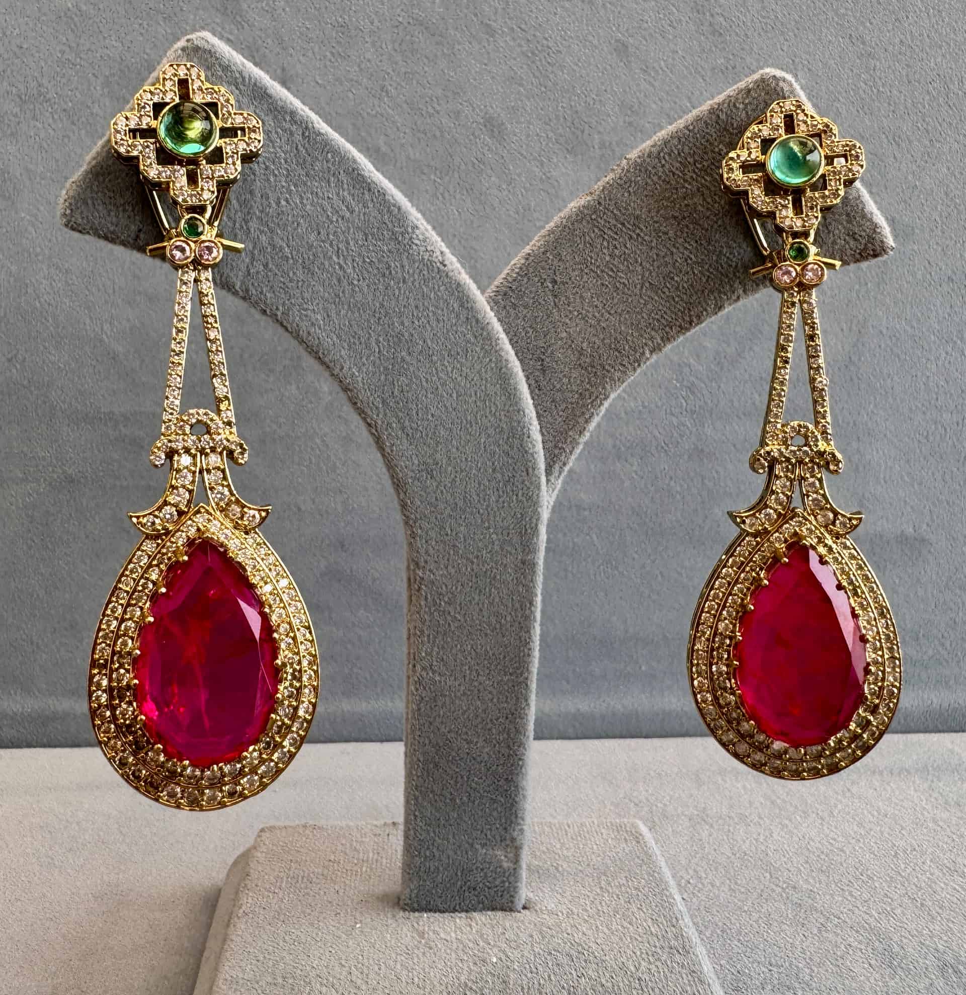 Pinkish-ruby Royale Teardrop Danglers With Emerald Cabochon Stud