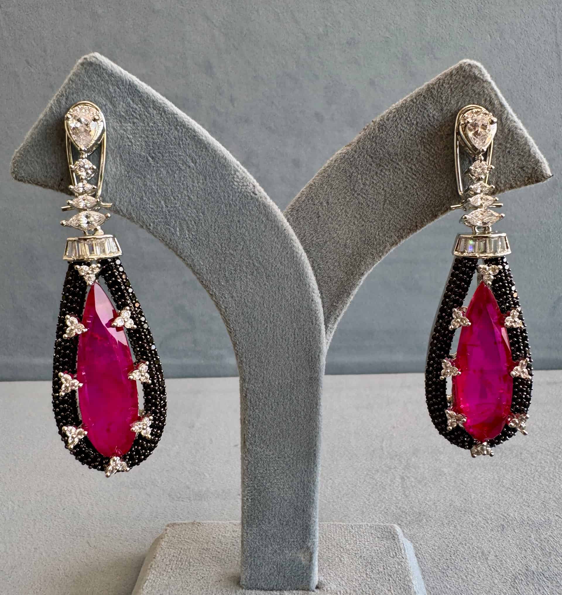 Fuchsia Teardrop Halo Chandelier Earrings - Black Spinel Pavé With White Zircon Trefoil Prongs And Baguette Crown