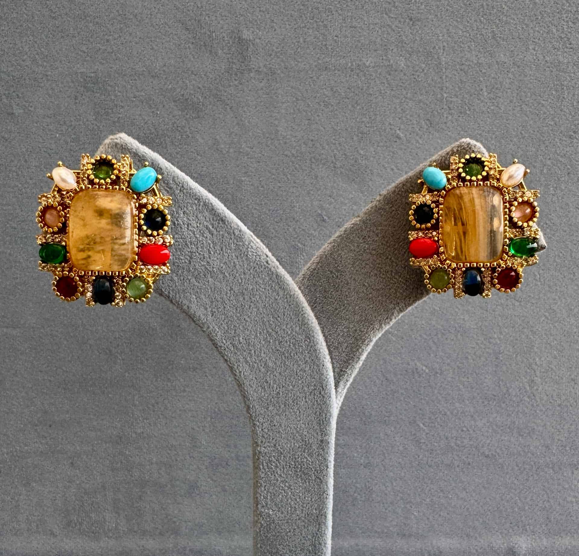 Aurelia Multicolor Navratna Stud Earrings With Honey Cushion Centre
