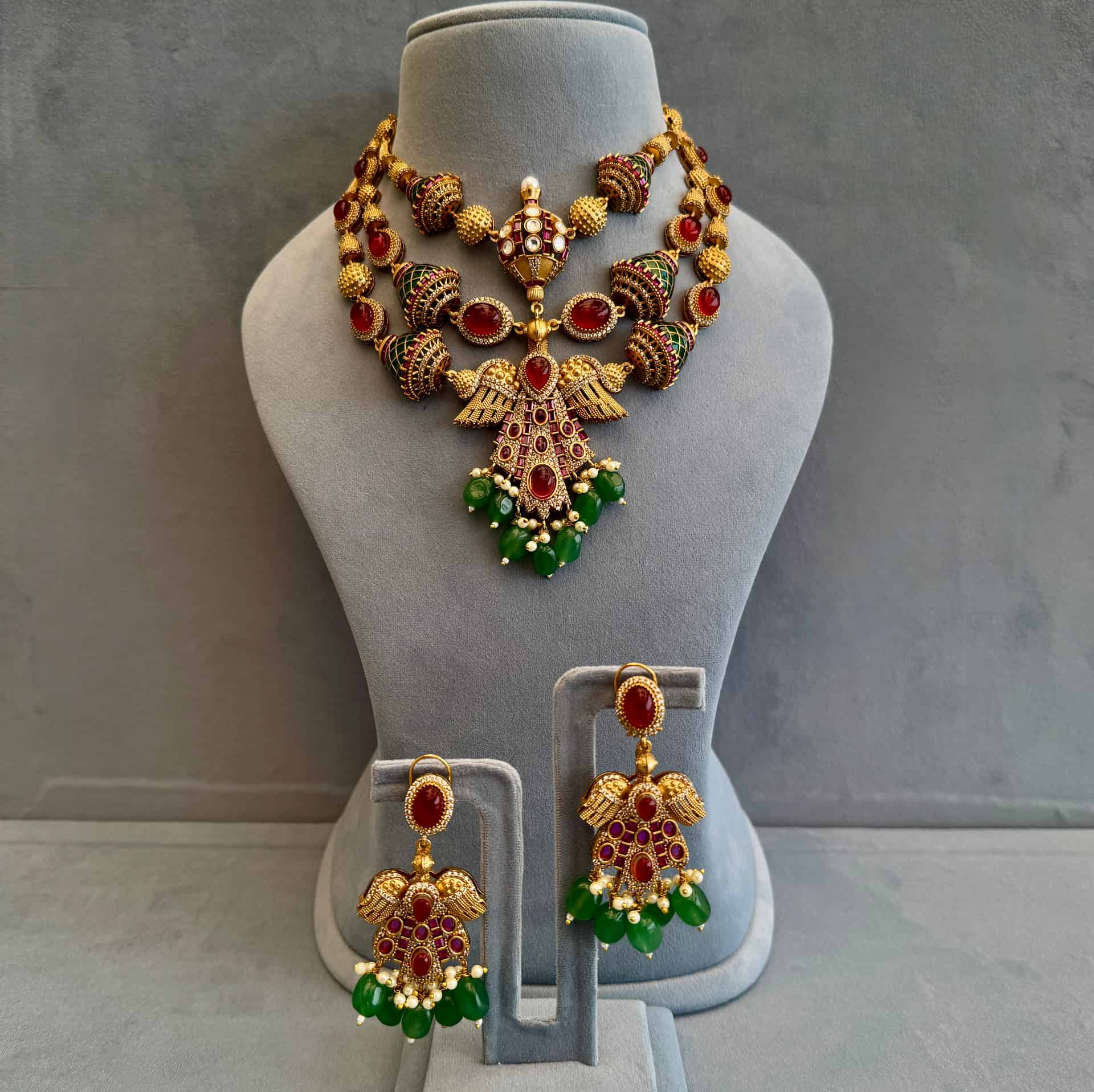 Royal Garuda Layered Necklace Set With Temple Artistry And Rajwadi Richness In Ruby, Emerald And Kundan