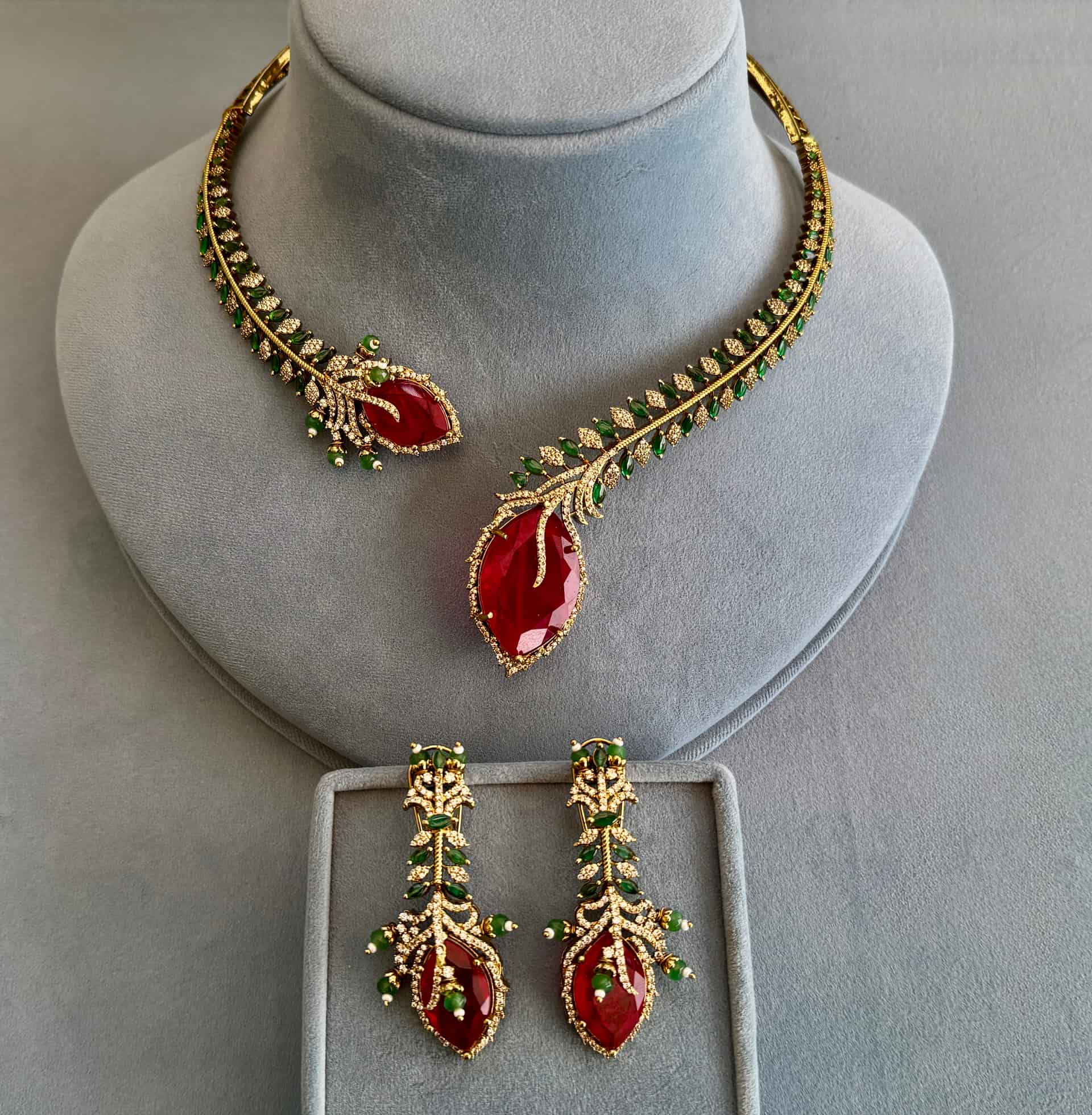 Sindoori Pankh - Asymmetrical Ruby Fern Hasli Set