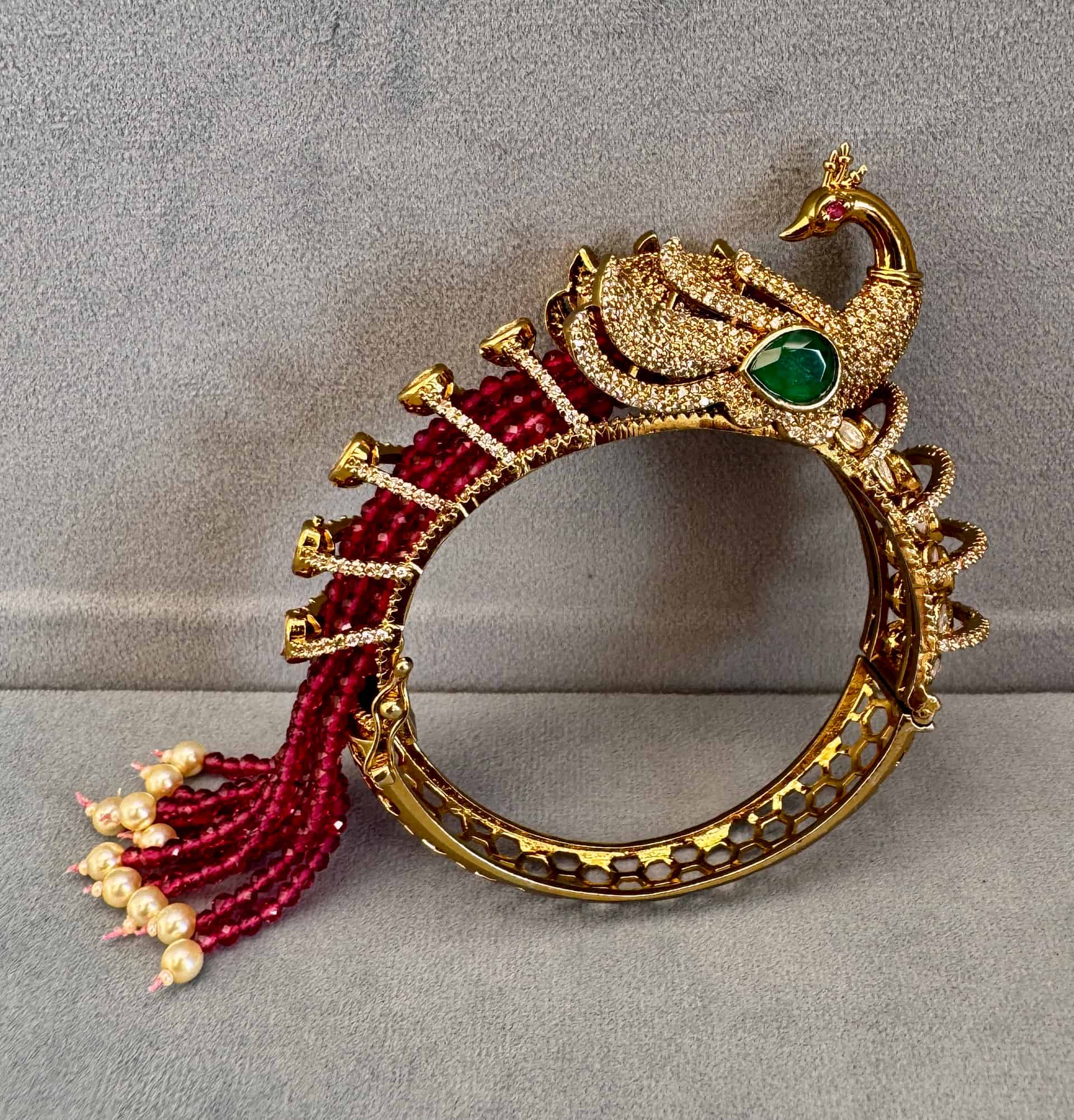 Mayuri- Royal Peacock Antique Gold Kada Bracelet With Ruby Beads & Pearl Tassels