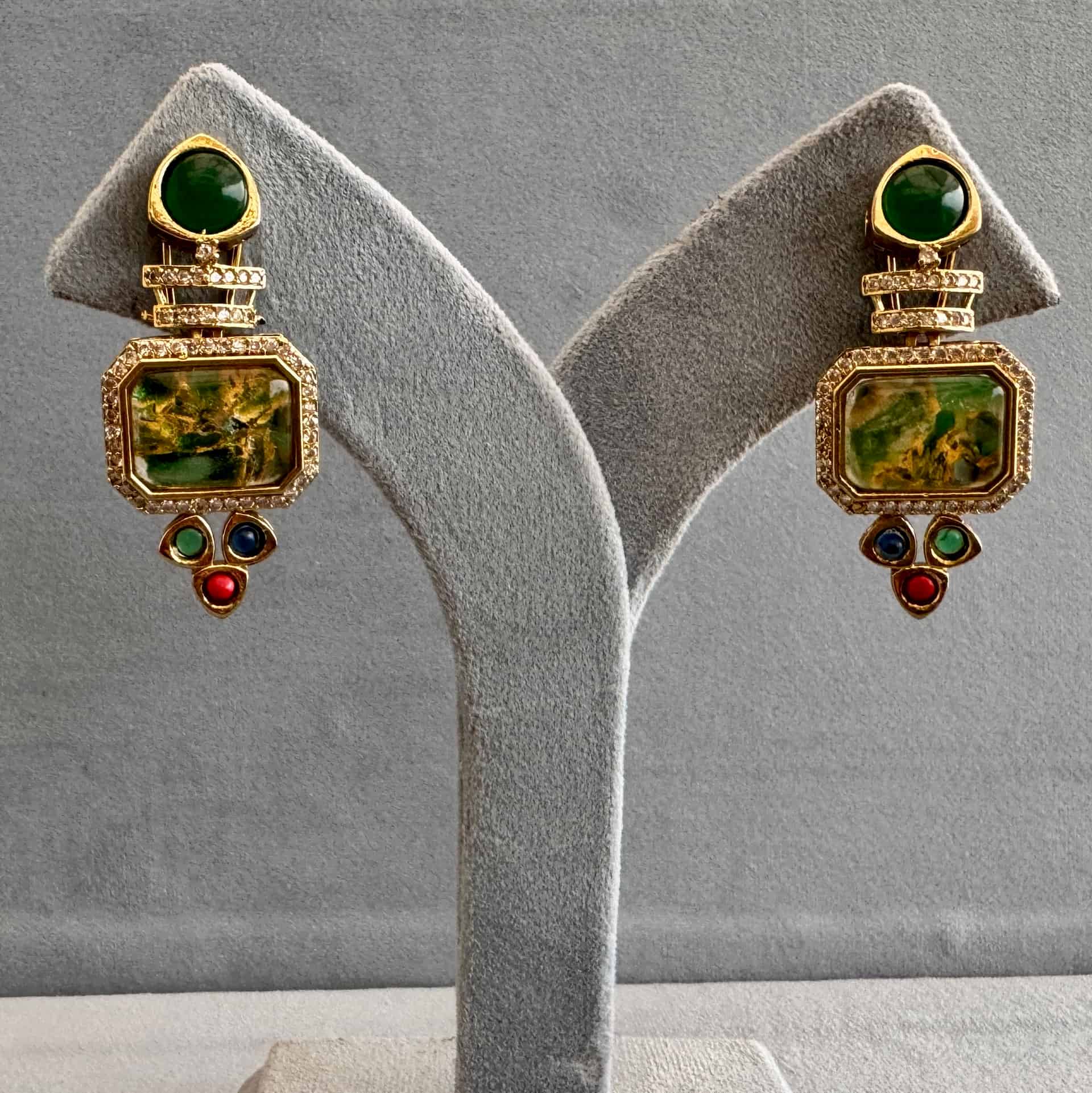 Emerald Marbled Dangler Earrings With Crystal Halo And Tricolor Drops