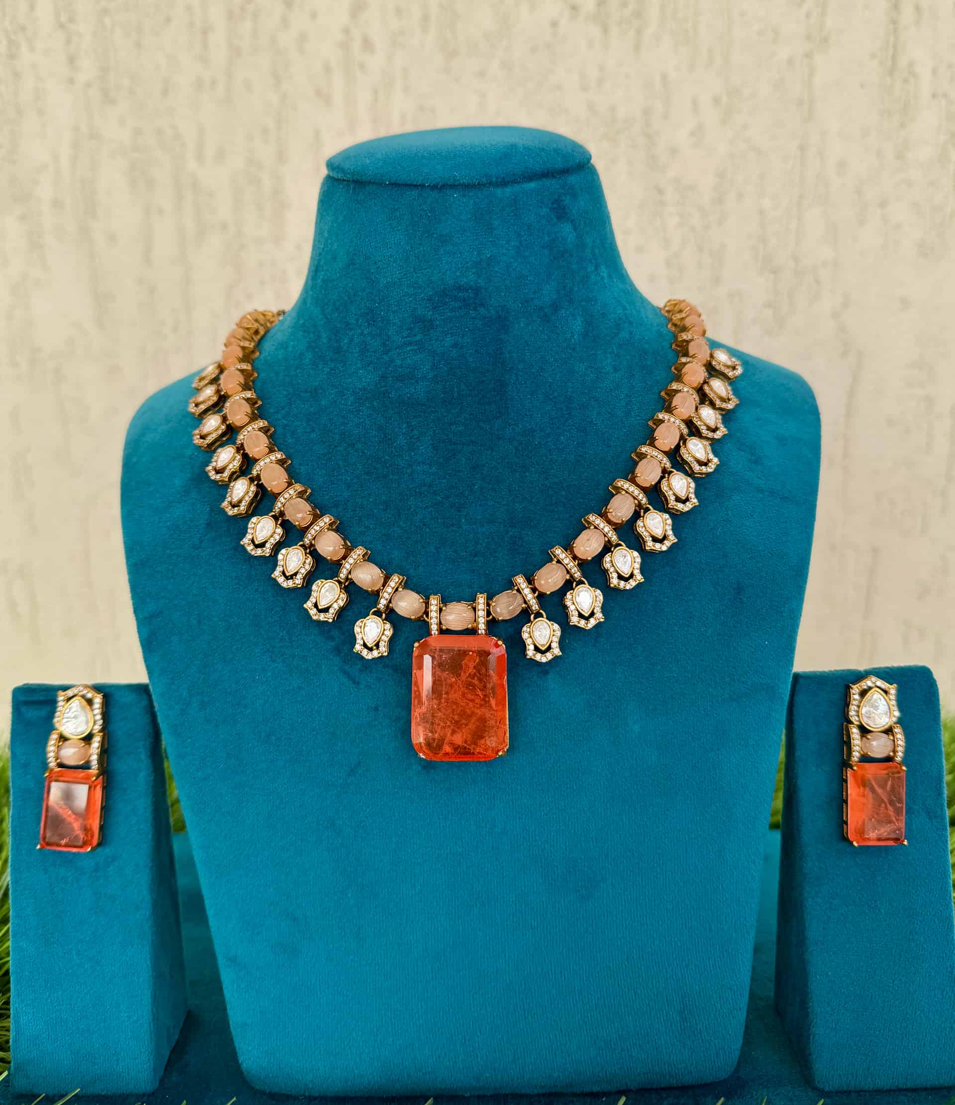 Orange Gemstone Necklace With Earrings