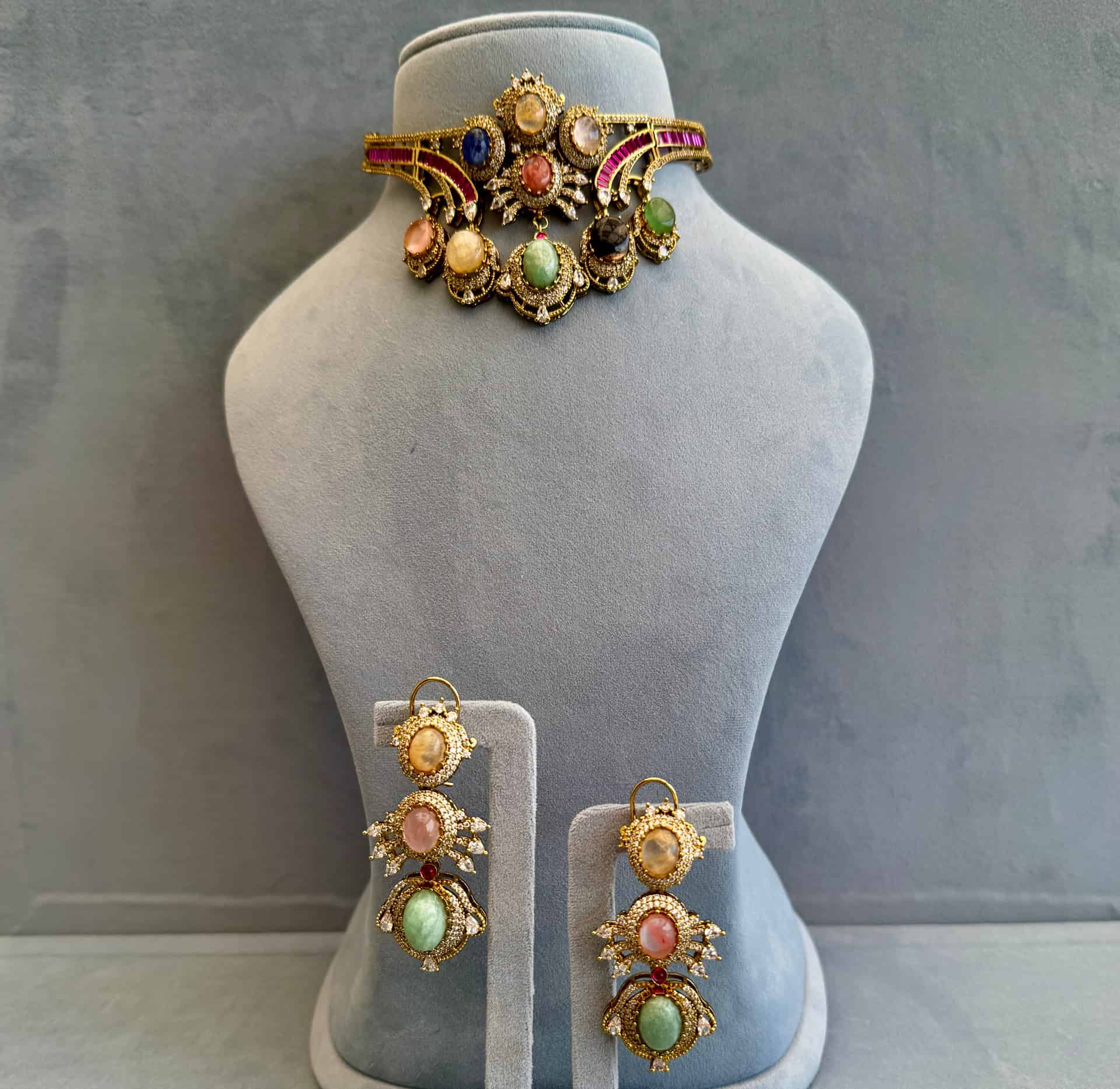 Pastel Multicolor Regal Choker Set With Triple-drop Earrings