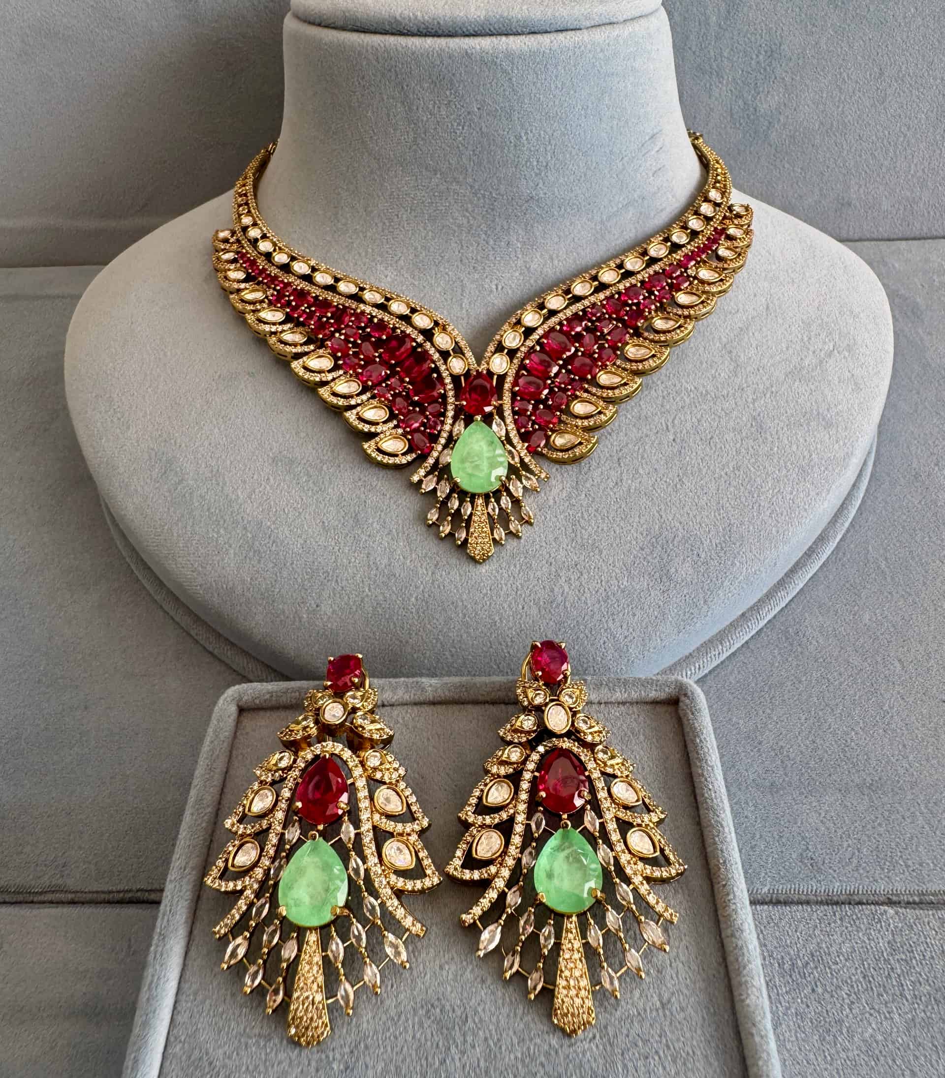 Scarlet Wing Polki Necklace Set With Emerald Mint-green Drops