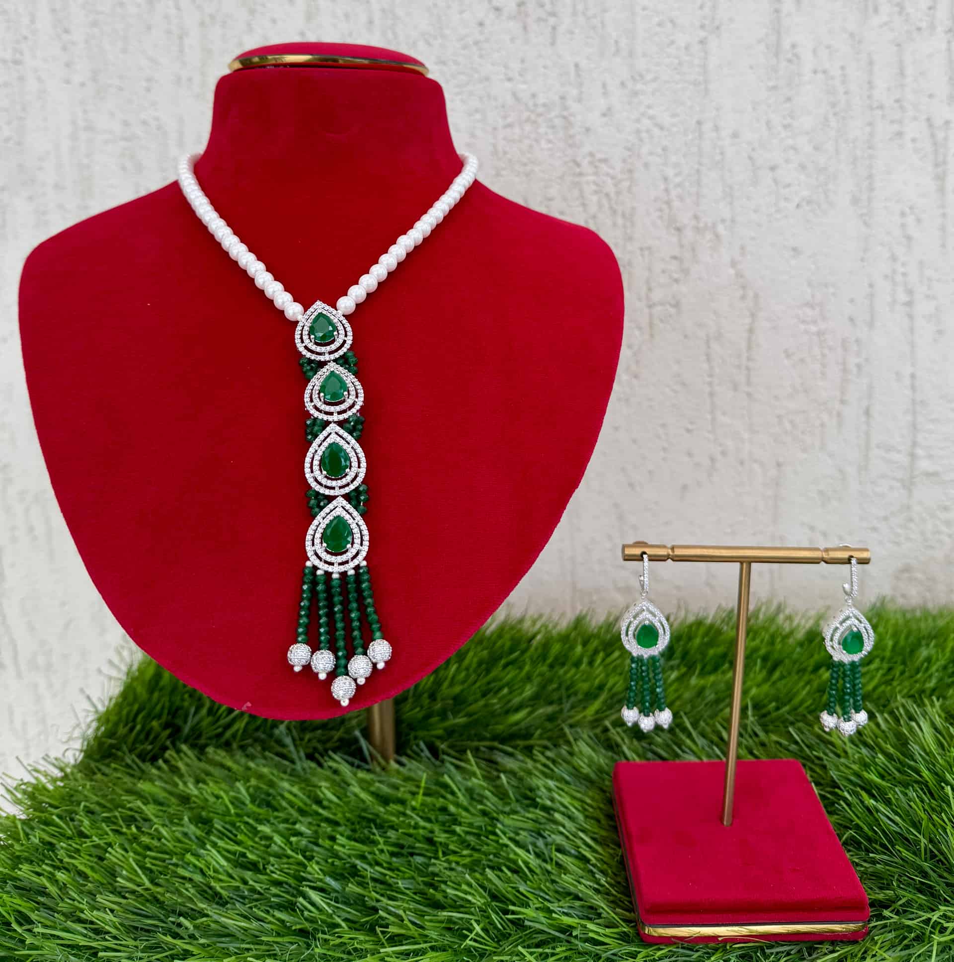 Beads Necklace With Long Pendant Jewel Set – #1a8142